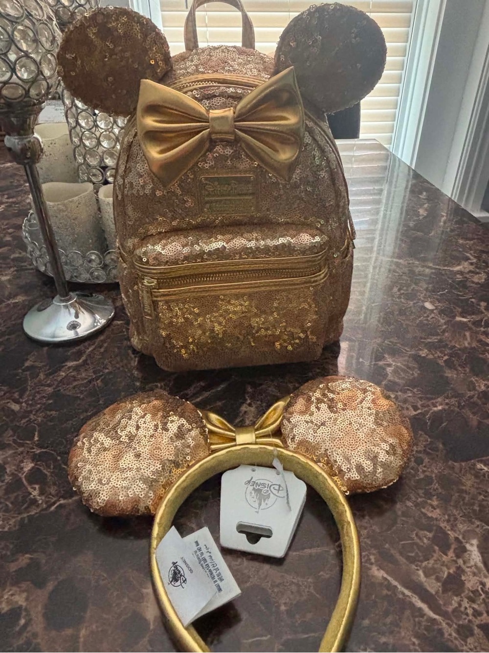 Disney Minnie Gold Sequin Loungefly Bag And Matching Ears BNWT